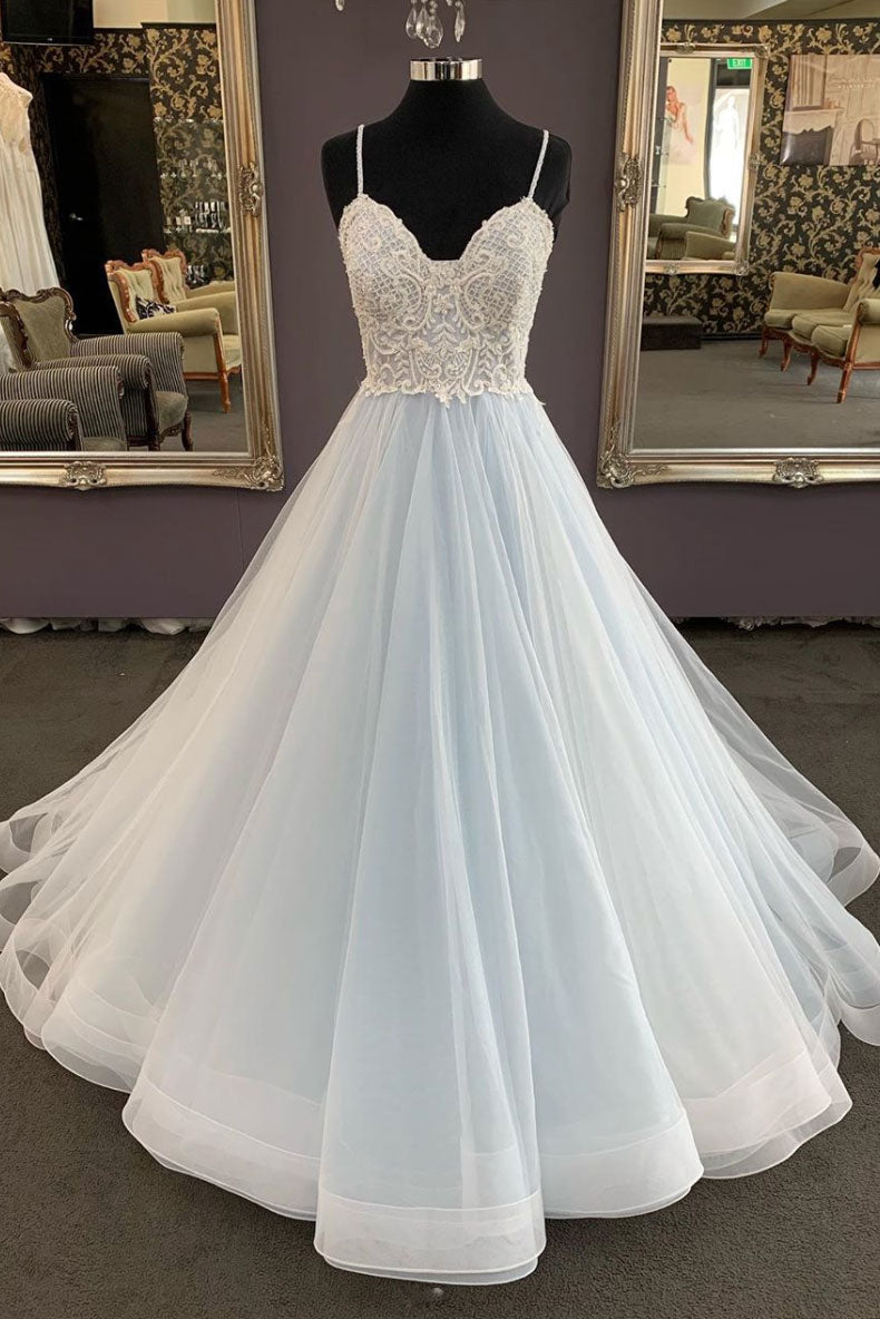 Light blue tulle lace long prom dress ...
